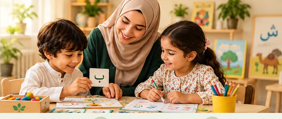 Illustrative scene of a teacher guiding two children through playful hands-on Arabic letter activities